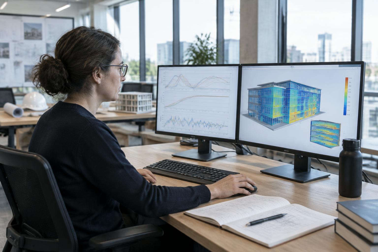Illustrative engineering research workstation with energy plots and a building model