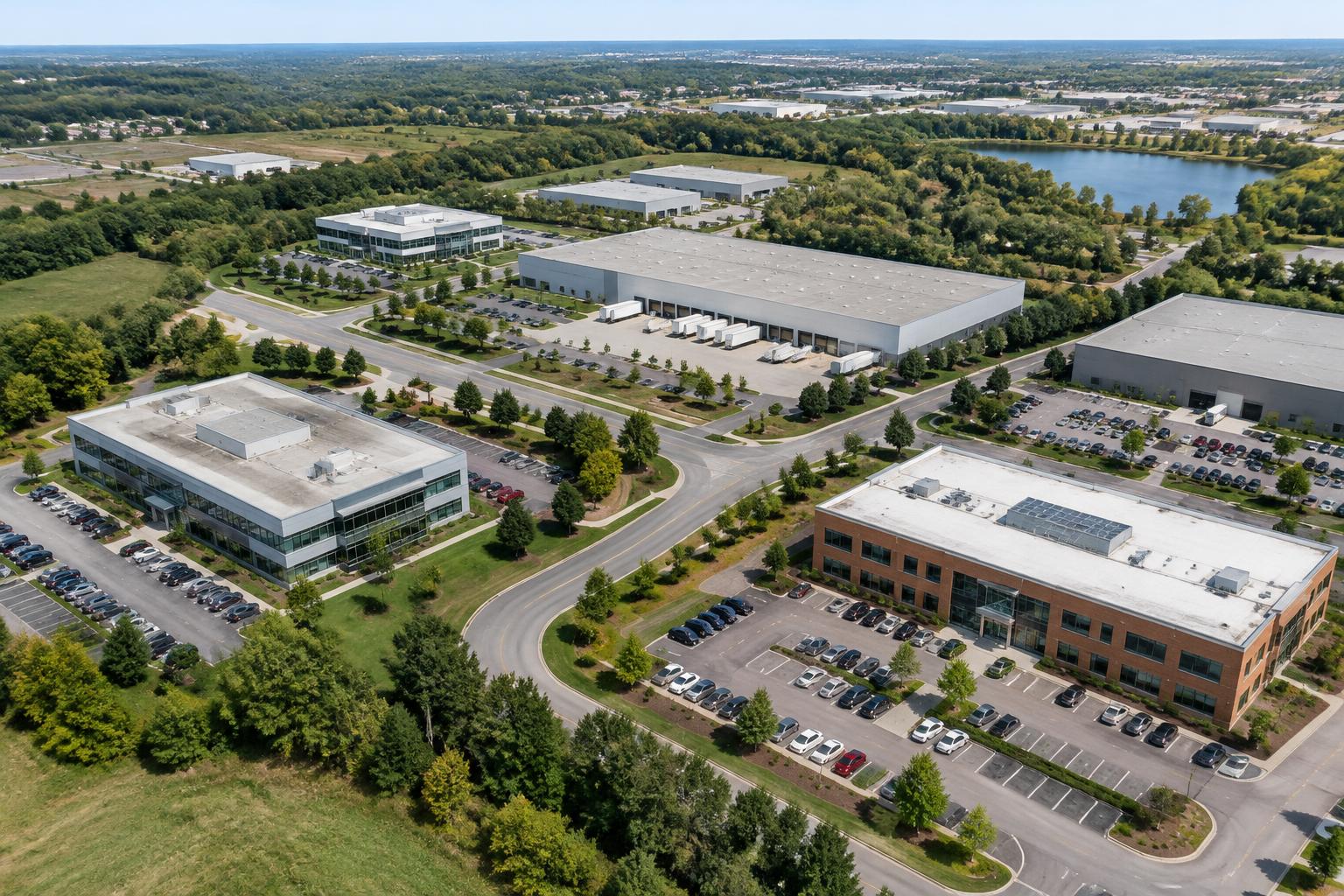 Illustrative aerial view of a multi-building commercial property portfolio