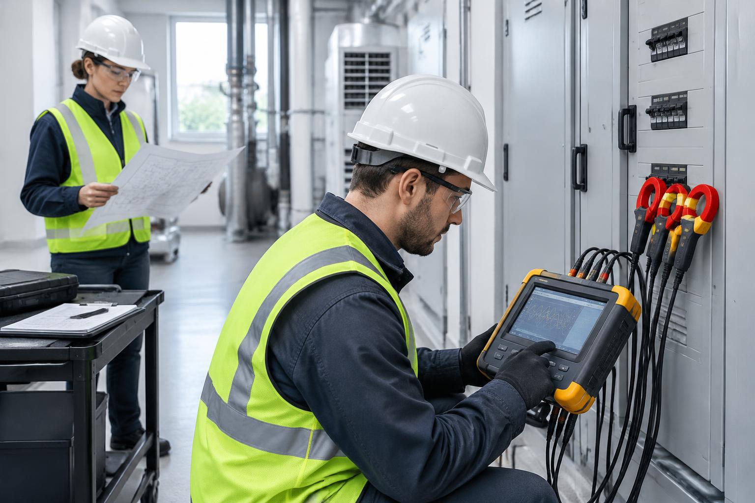 Illustrative engineers gathering electrical energy measurements in a commercial plant room
