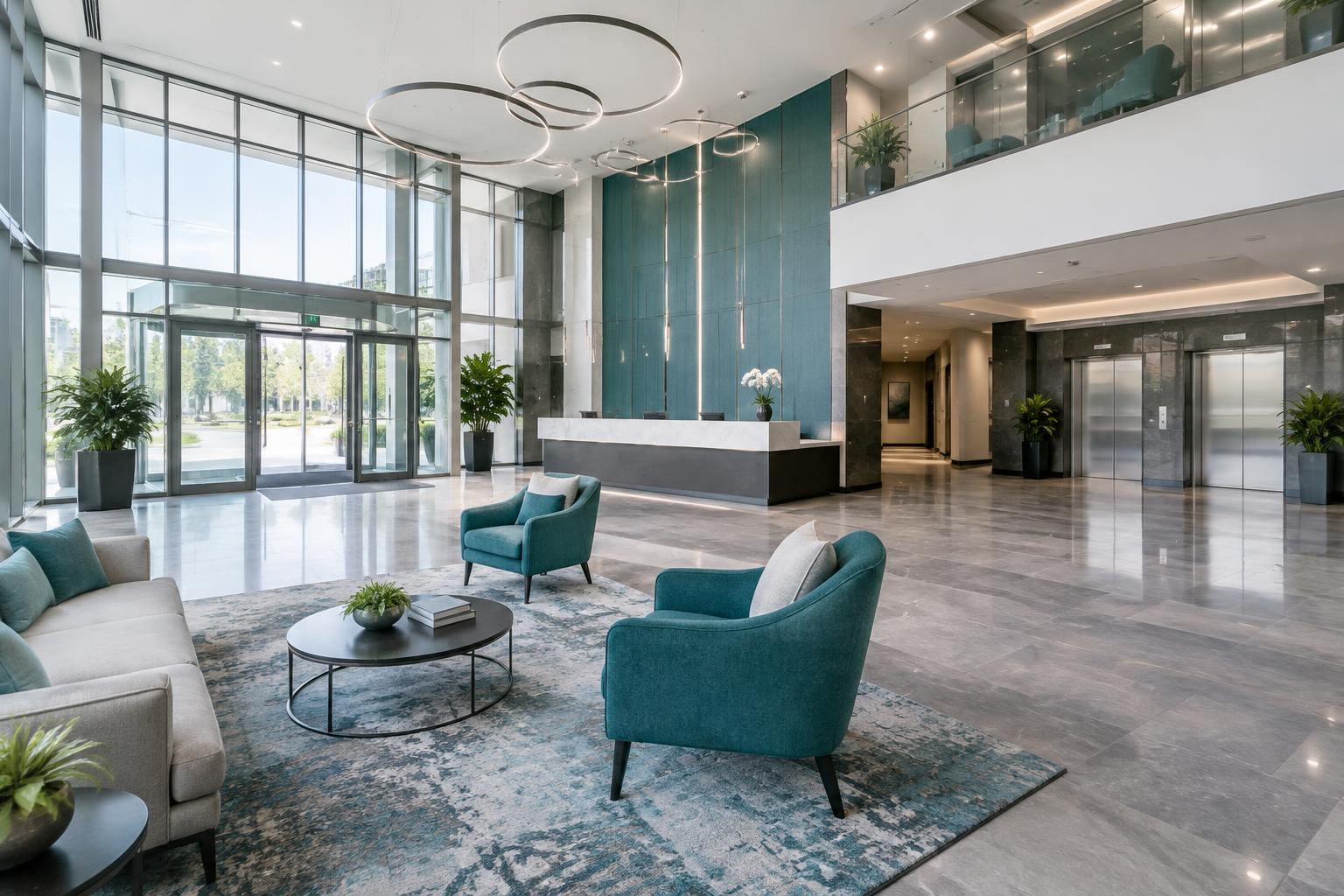 Illustrative hotel reception and spacious public lobby