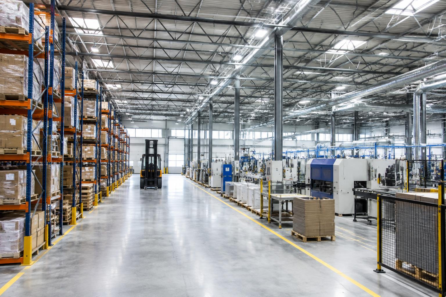 Illustrative warehouse and manufacturing floor with storage racks and production equipment