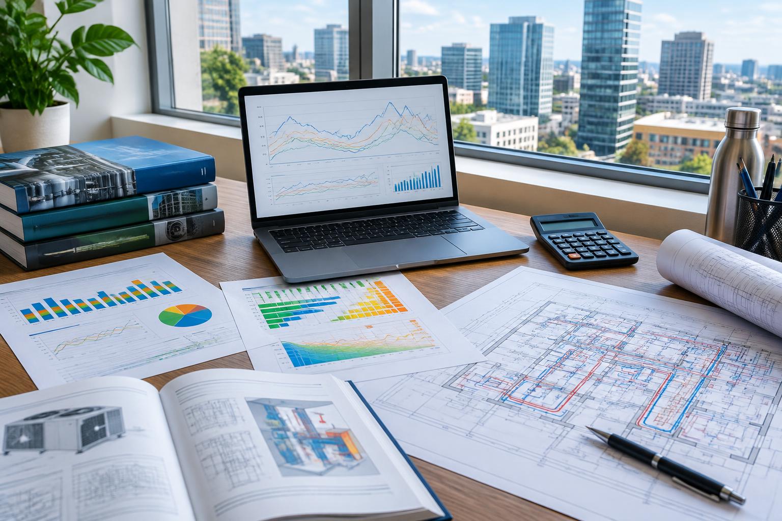 Illustrative energy analysis desk with consumption charts and commercial building plans
