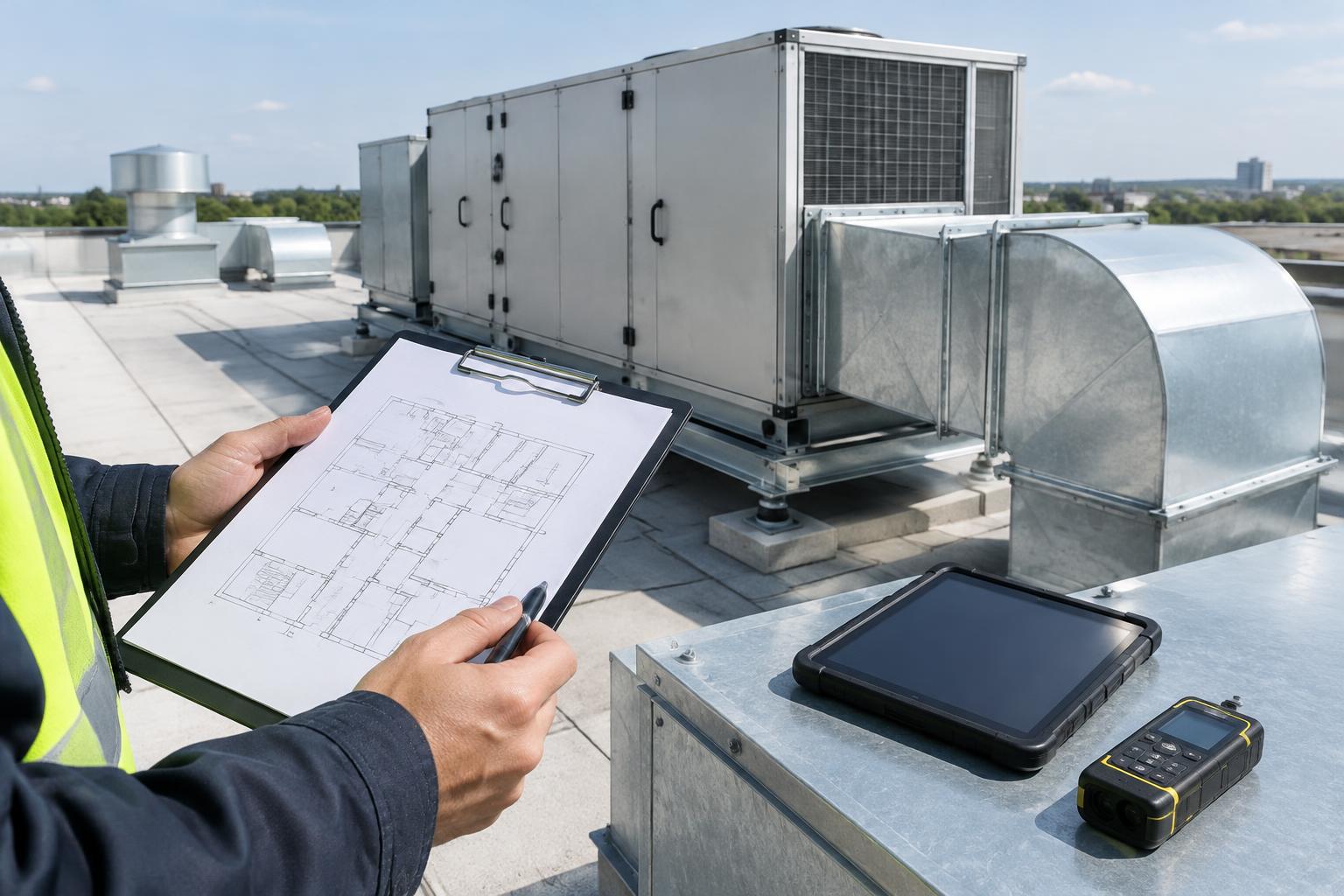 Illustrative rooftop HVAC survey with a floor plan and measurement equipment