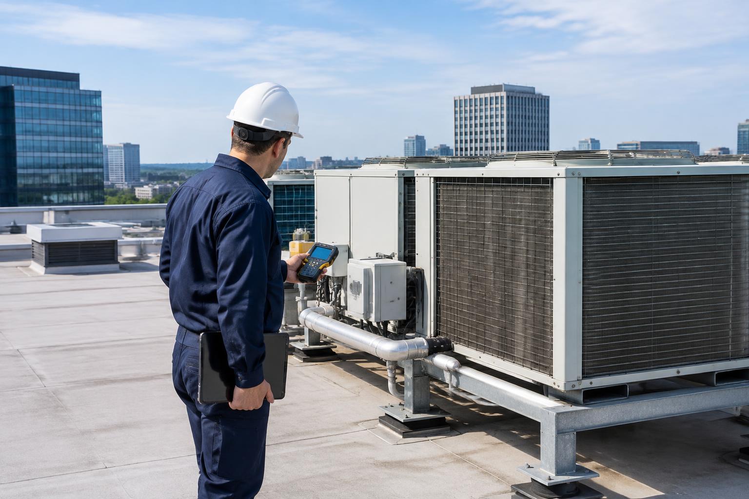 Illustrative energy auditor inspecting rooftop HVAC equipment