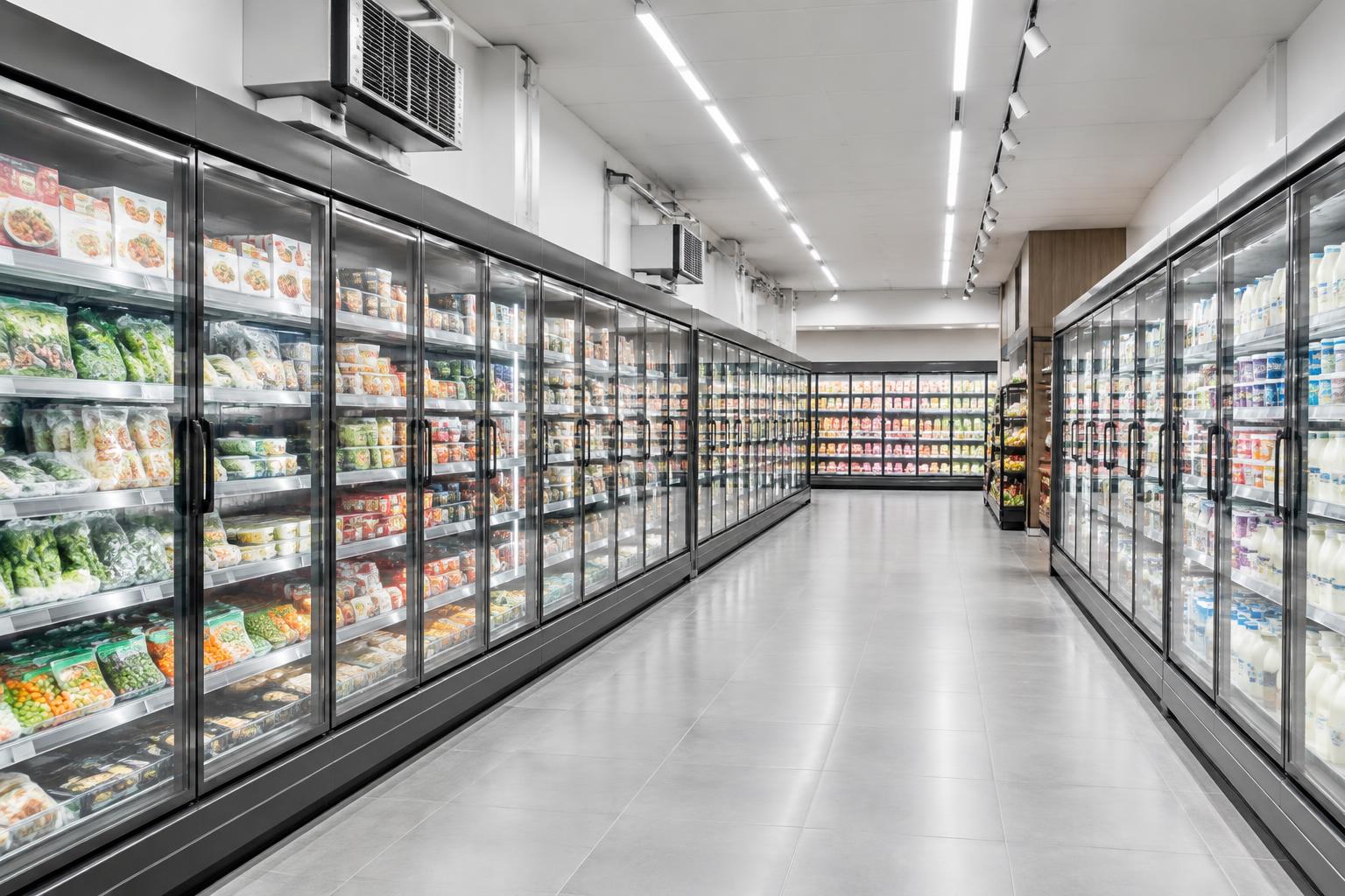 Illustrative supermarket aisle with glass-door refrigerated food cabinets