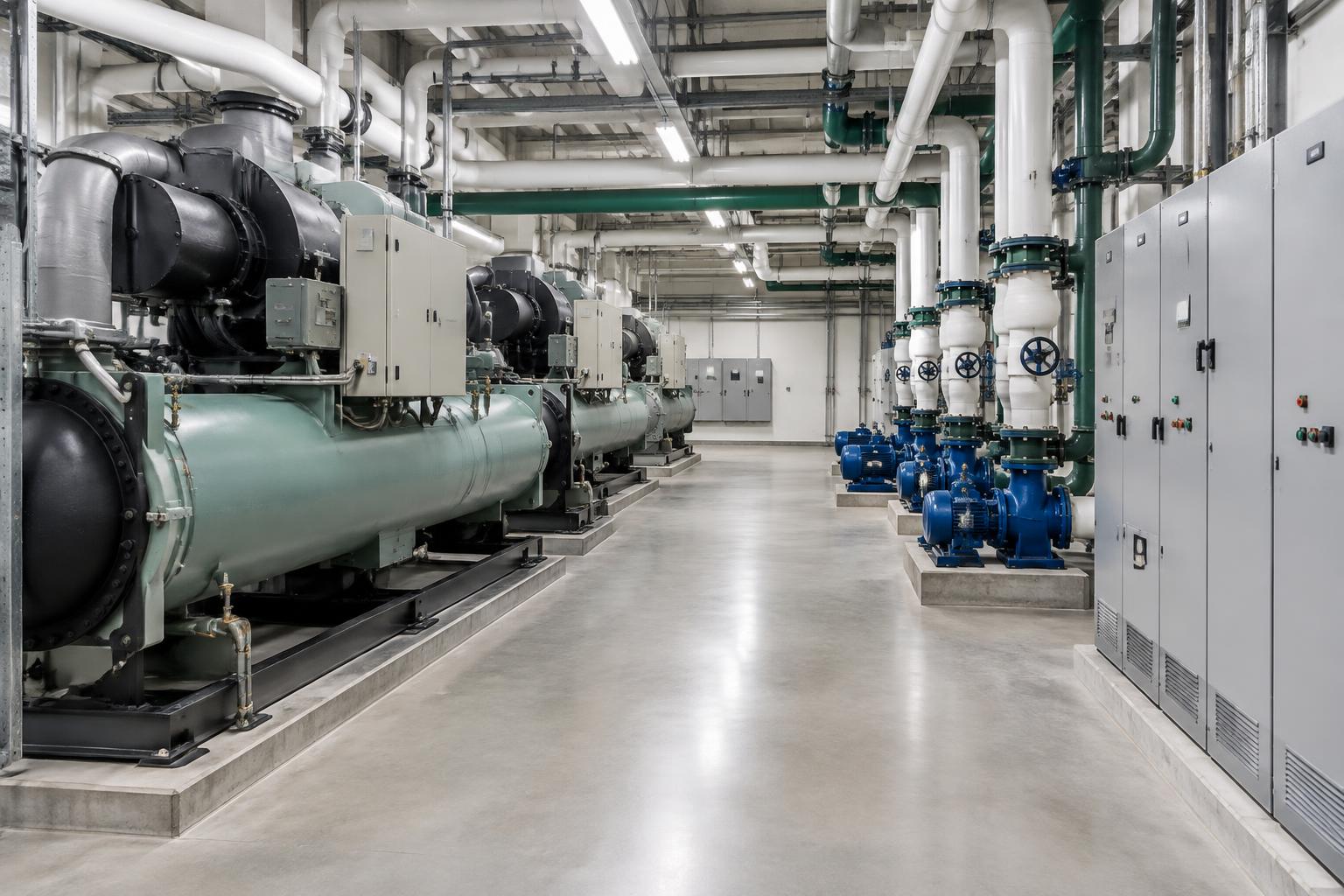 Illustrative commercial plant room with chillers, pumps and insulated pipework