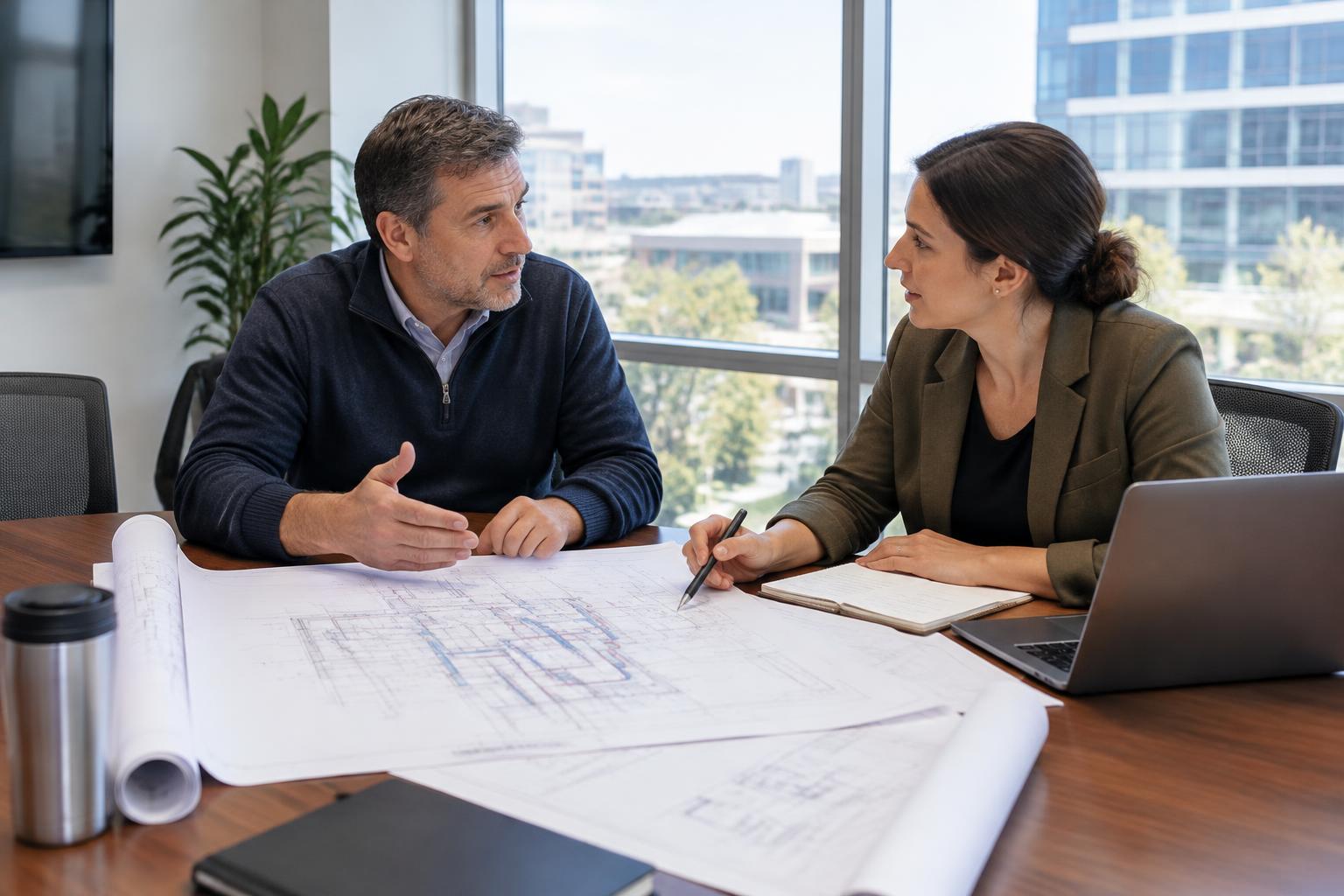 Illustrative facilities manager and engineer discussing commercial building plans